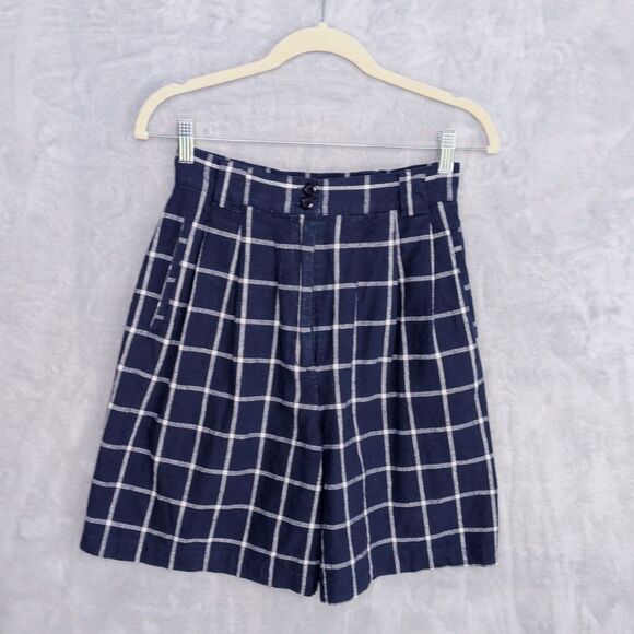 Carol Horn Pants - Vintage Blue Check Linen Blend Shorts Size 6 High Waisted 90s Preppy Nautical